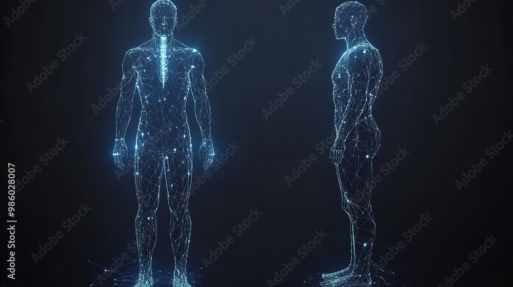 Glowing hologram of human body 3D bone system structure with dark background. Glowing hologram of human body 3D bone system structure with dark background.