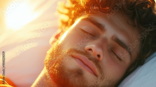 The warm morning light filters through the window, casting a serene glow over a resting person in their bedroom, epitomizing peace and a gentle start to the day. photo