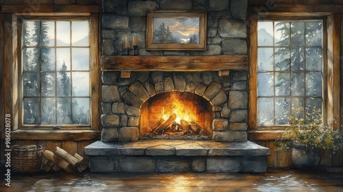 Cozy Cabin Fireplace with Mountain View