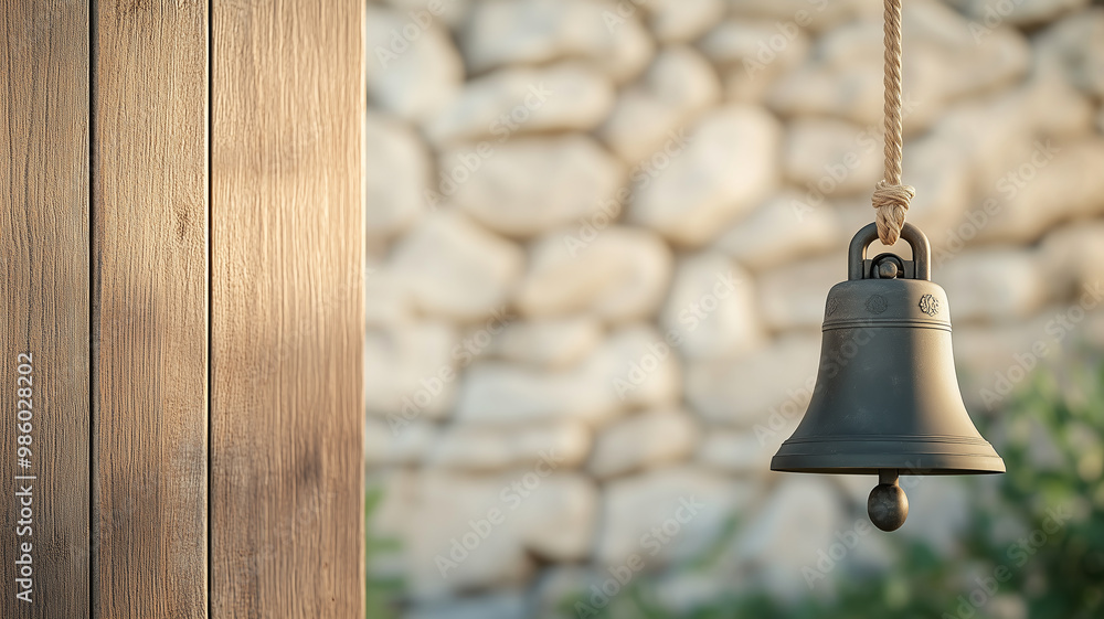 Obraz premium Antique bell hanging from a wooden door, dramatic lighting and shadows, textured stone wall in the background, with copy space