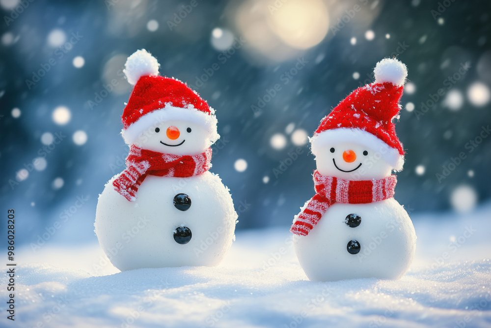 Two snowmen with red scarf and hat in winter snow Two snowmen with red scarf and hat in winter snow