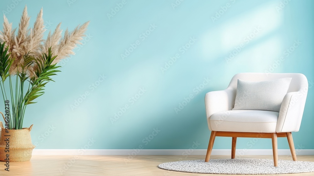 A white chair with a pillow sits next to a tall plant arrangement in a serene living room featuring a pastel blue wall and soft natural light. Modern, calm, and inviting atmosphere. A white chair with a pillow sits next to a tall plant arrangement in a serene living room featuring a pastel blue wall and soft natural light. Modern, calm, and inviting atmosphere.