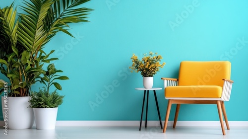 A stylish yellow chair with wooden legs is paired with a small potted plant, set against a vibrant teal wall. Modern, colorful, and refreshing room setup with sunlight. photo