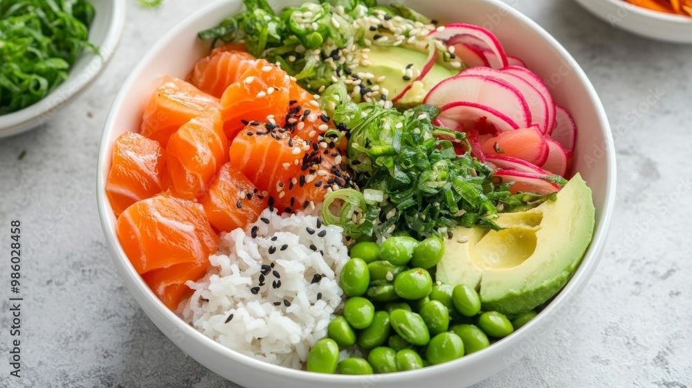 An overhead view of a colorful salmon poke bowl with rice, avocado, edamame, and pickled vegetables, beautifully arranged in a white bowl for a fresh, vibrant look An overhead view of a colorful salmon poke bowl with rice, avocado, edamame, and pickled vegetables, beautifully arranged in a white bowl for a fresh, vibrant look