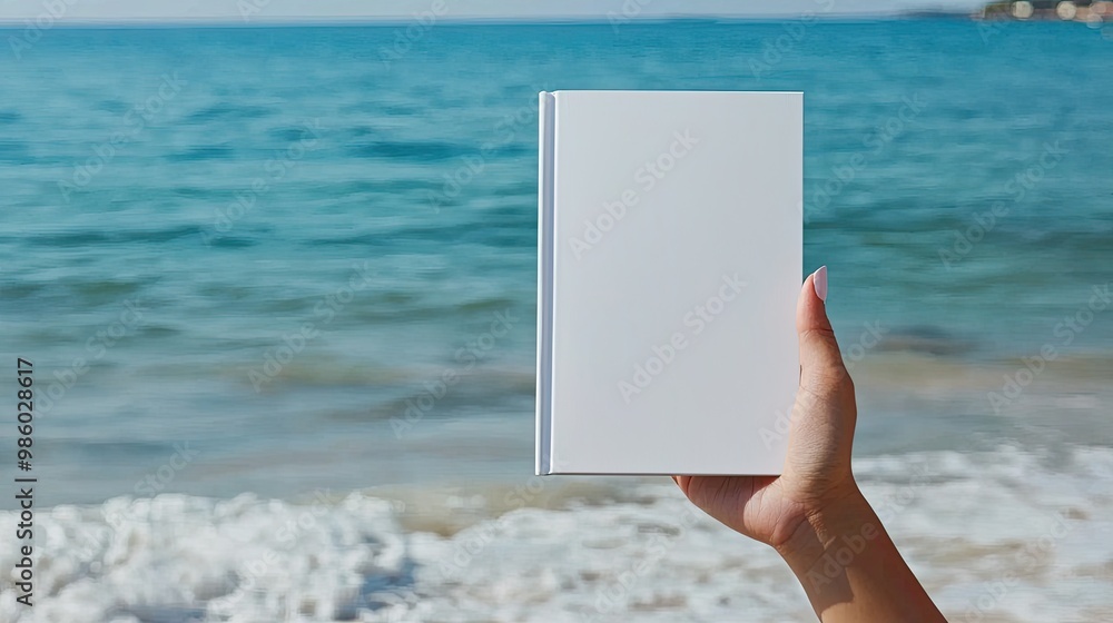 in his hands a white book on the background of the beach. Selective focus in his hands a white book on the background of the beach. Selective focus