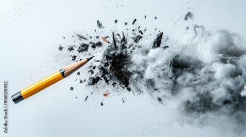 A detailed close-up of a pencil as it disintegrates and shatters into pieces, releasing graphite powder and creating an energetic and dynamic visual effect. photo