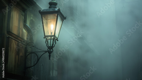 A Victorian street lamp powered by steam, illuminating a foggy alley