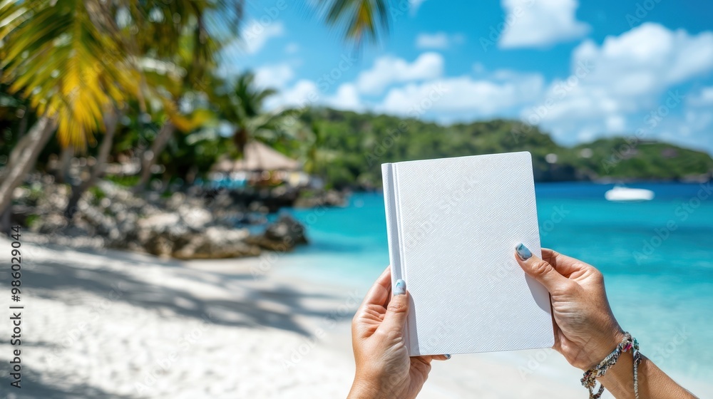 Someone's hands are holding a book on a scenic beach with bright blue waters and lush green hills under a clear blue sky, enjoying a peaceful moment amidst nature. Someone's hands are holding a book on a scenic beach with bright blue waters and lush green hills under a clear blue sky, enjoying a peaceful moment amidst nature.