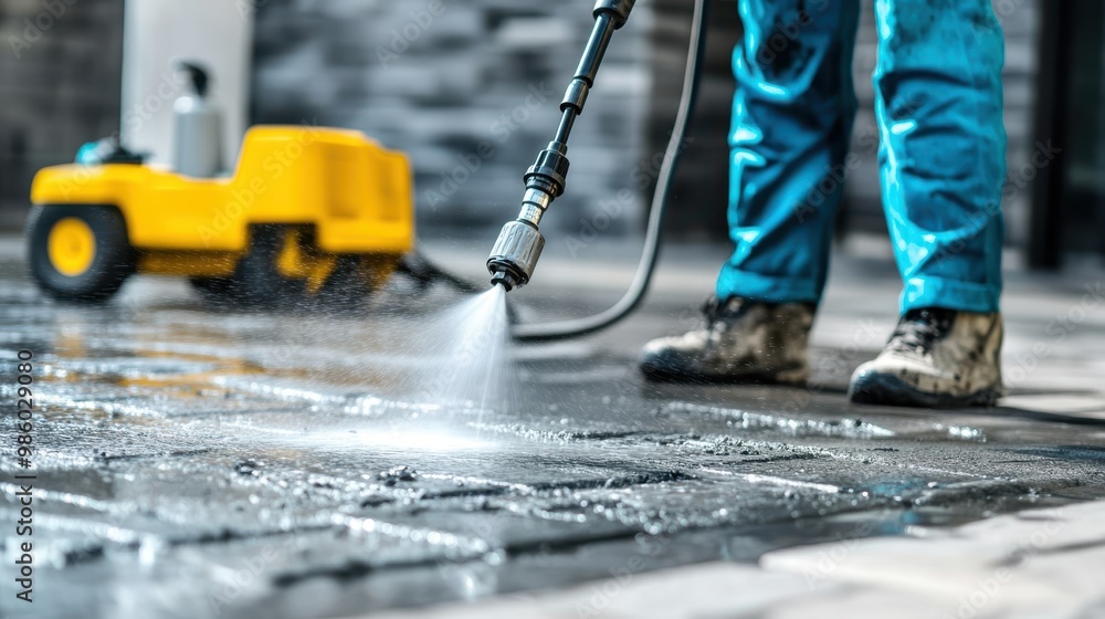 A person in sturdy boots and blue jeans is using a high-pressure washer to clean a stone pavement while a yellow cleaning machine sits in the background. A person in sturdy boots and blue jeans is using a high-pressure washer to clean a stone pavement while a yellow cleaning machine sits in the background.