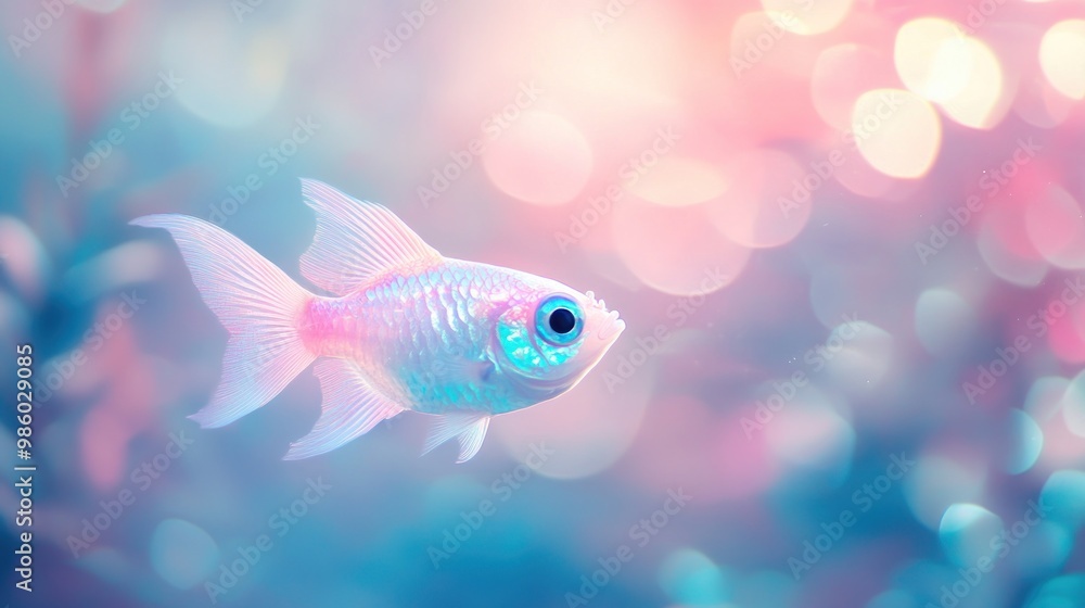 A small, iridescent fish with blue eyes swims in a tank with a blurry background of pink, blue and white bokeh. A small, iridescent fish with blue eyes swims in a tank with a blurry background of pink, blue and white bokeh.