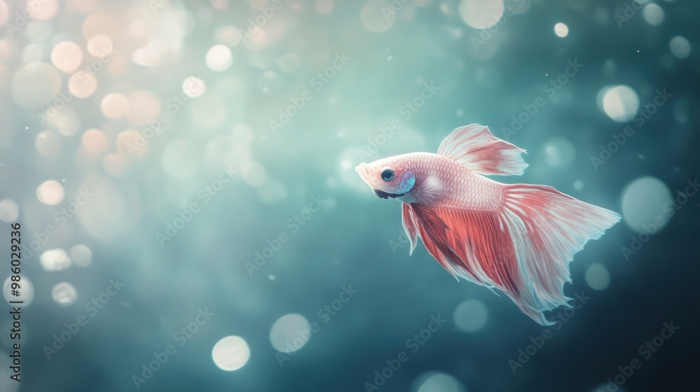 Obraz premium Pink Betta Fish with Long Flowing Fins in a Blue Bokeh Background.