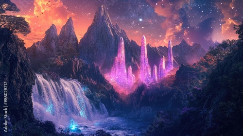 A surreal Sci-Fi landscape with glowing, crystal-like trees, a cascading waterfall, and majestic mountains, set under a vibrant, starry sky