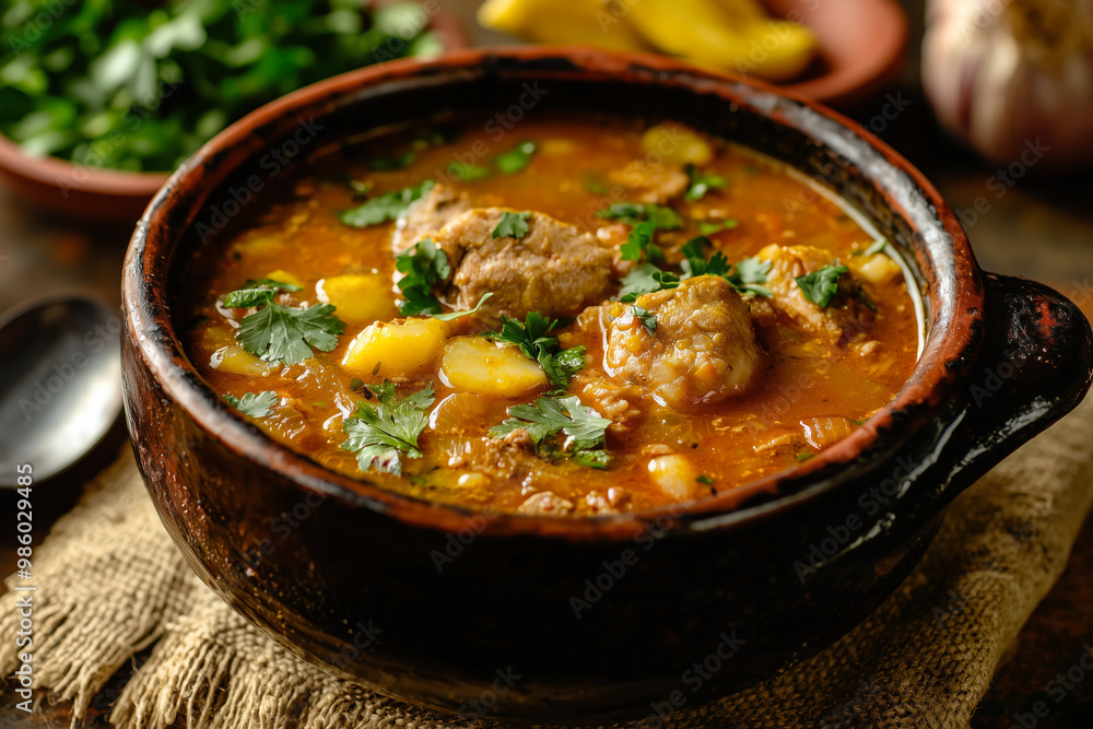 Venezuelan sancocho soup featuring beef and potatoes Venezuelan sancocho soup featuring beef and potatoes
