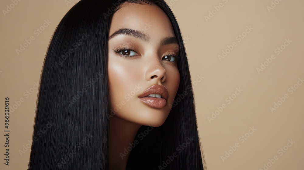 Naklejka premium Close-up portrait of a woman with long black hair and a nude lipstick, looking to the side with a soft and natural expression.