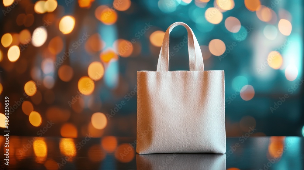 White tote bag on table with bokeh lights background. White tote bag on table with bokeh lights background.