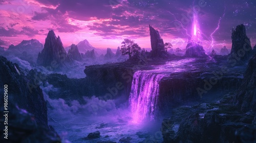 Futuristic Sci-Fi landscape with otherworldly, glowing trees, a radiant waterfall, and distant jagged mountains under a neon-lit sky