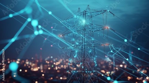 Smart grid technology utilizing AI to balance and optimize energy demand in real-time, ensuring efficient distribution of power across a network. The scene highlights advanced artificial intelligence 