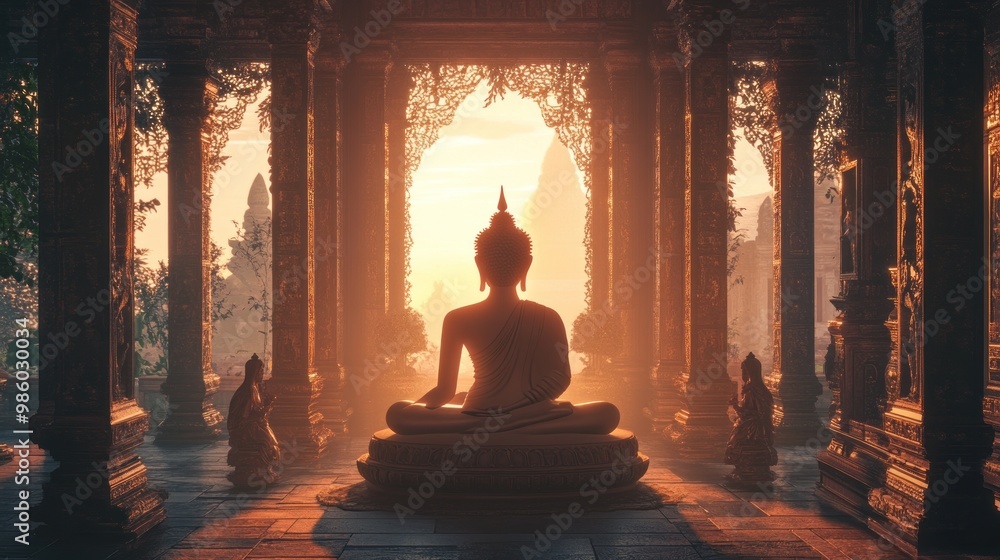 Buddha statue sitting in a temple with sunlight streaming through the doorway. Buddha statue sitting in a temple with sunlight streaming through the doorway.