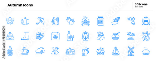 Autumn icon set. autumn, leaf, nature, leaves, season, fall, orange, tree, maple, forest. Vector blue icon illustration