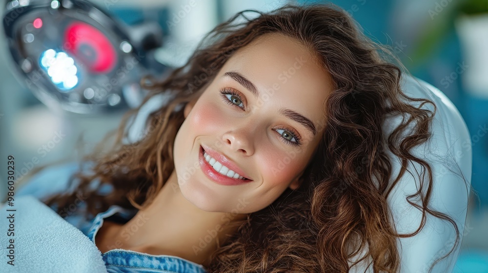 Fototapeta premium A cheerful woman with curly hair lies under a dental light, smiling widely, radiating brightness and positivity in a clinical setting focused on oral health.