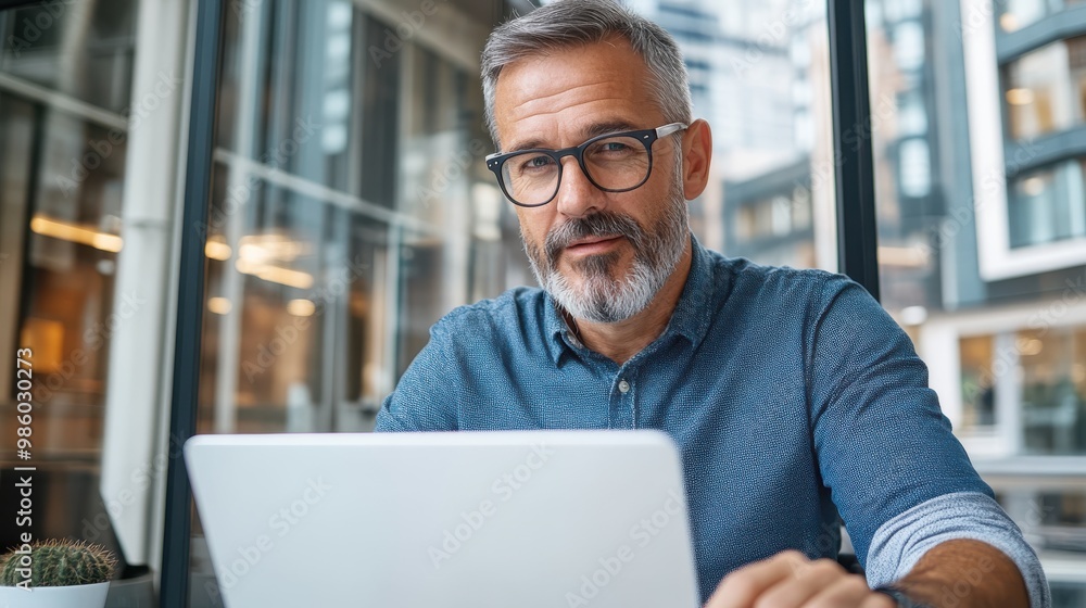Handsome gray-haired man intently looking at a laptop, surrounded by an urban environment that offers a blend of sophistication and technology-driven atmosphere. Handsome gray-haired man intently looking at a laptop, surrounded by an urban environment that offers a blend of sophistication and technology-driven atmosphere.
