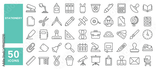 Set of 50 line icons related to stationery, stapler, calendar, pen, pencil, stamp, eraser, glue, cutter, ruler, marker, paper, Editable stroke. Vector illustration