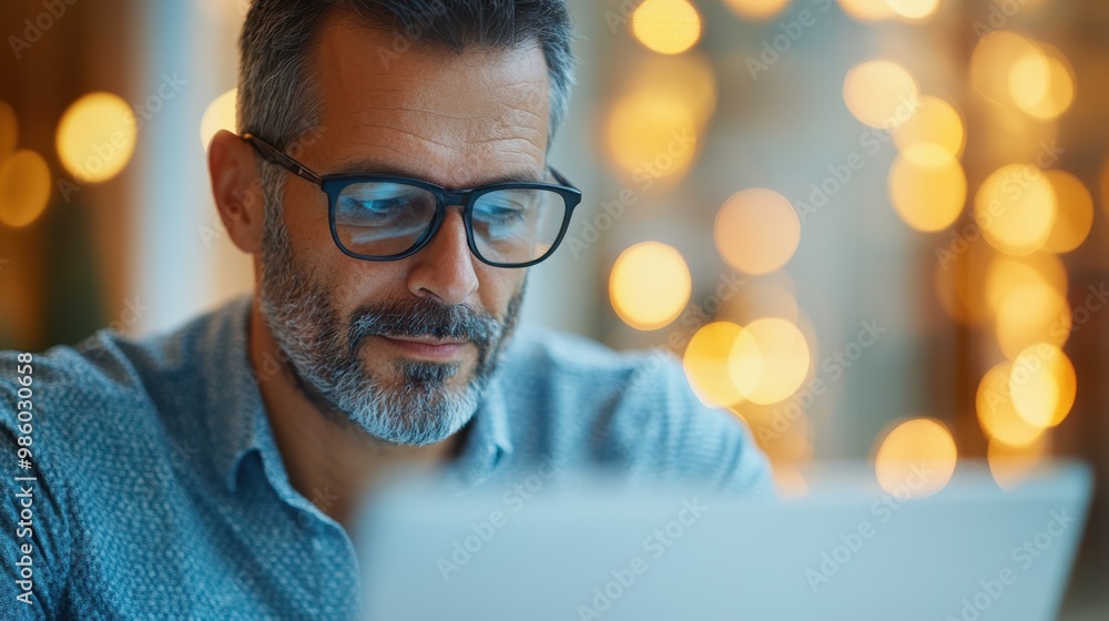 A serious man in glasses is deeply engaged with his laptop in a lively, modern setting, highlighting dedication and focus through soft illumination in the atmosphere. A serious man in glasses is deeply engaged with his laptop in a lively, modern setting, highlighting dedication and focus through soft illumination in the atmosphere.