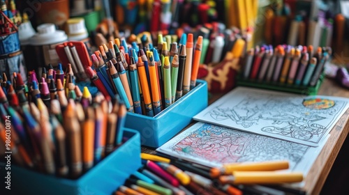 Colorful crayons in a blue container with an open coloring book.