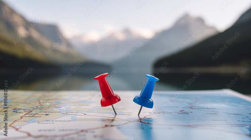 Two pins, red and blue, are attached to a map lying on a flat surface. Two pins, red and blue, are attached to a map lying on a flat surface.
