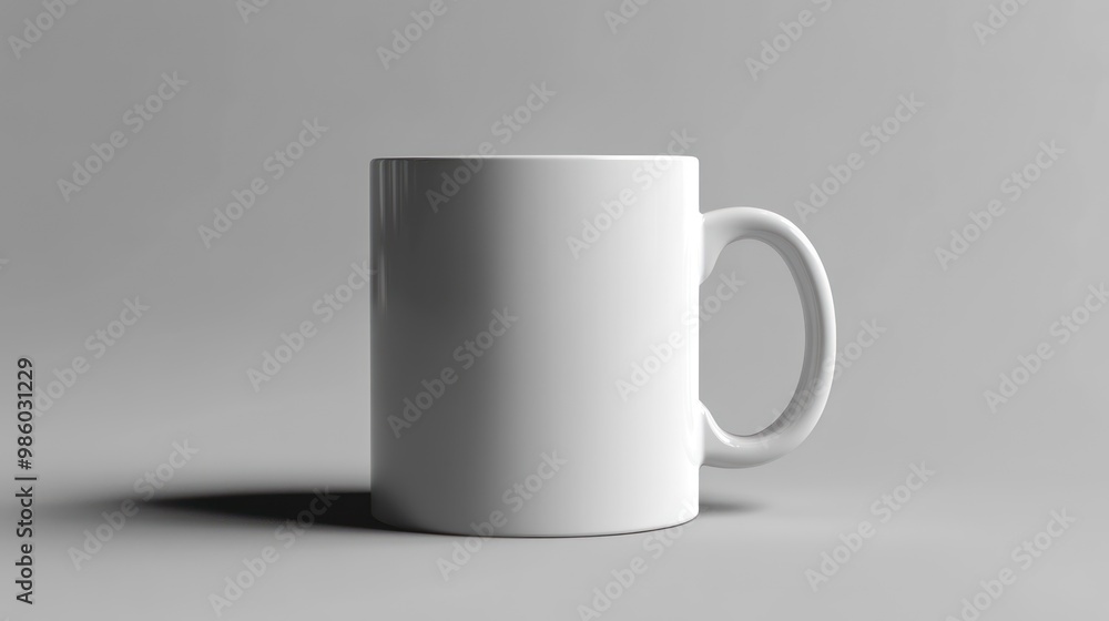 A plain white ceramic mug with a handle on a grey background. A plain white ceramic mug with a handle on a grey background.
