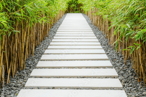 A serene pathway lined with bamboo plants and stepping stones, inviting tranquility and natural beauty. photo