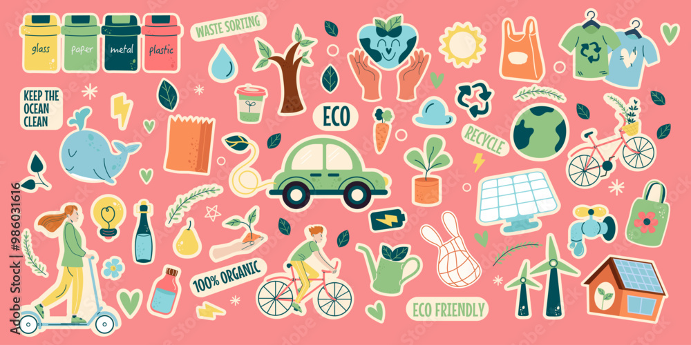 Сollection stickers eco friendly cute elements flat design Сollection stickers eco friendly cute elements flat design