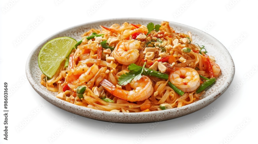Close-up of a plate of pad Thai with vibrant vegetables, shrimp, and peanuts, served with a slice of lime, set on a pristine white background. Close-up of a plate of pad Thai with vibrant vegetables, shrimp, and peanuts, served with a slice of lime, set on a pristine white background.