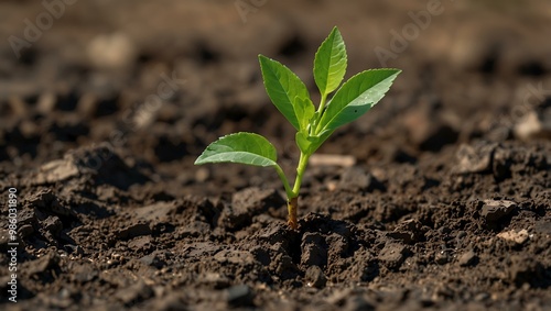 Resilient plant emerging from cracked soil, symbolizing hope.