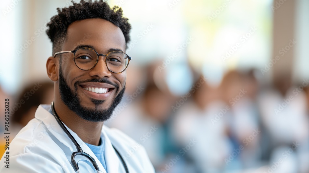 A happy doctor with glasses and beard smiling warmly in a bright, bustling learning environment, exuding confidence, with medical colleagues in the background. A happy doctor with glasses and beard smiling warmly in a bright, bustling learning environment, exuding confidence, with medical colleagues in the background.