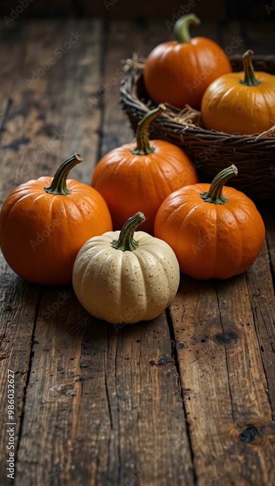 Ripe pumpkins on a wooden table for Halloween decor. Ripe pumpkins on a wooden table for Halloween decor.