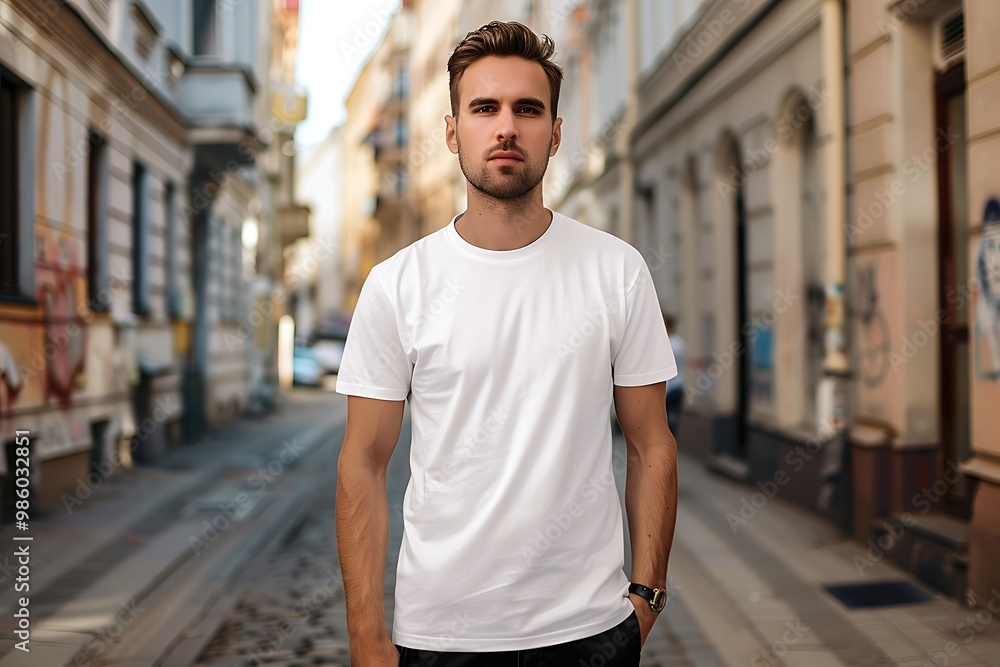Man white T shirt mockup, man blank T shirt mockup, man is on the street Man white T shirt mockup, man blank T shirt mockup, man is on the street