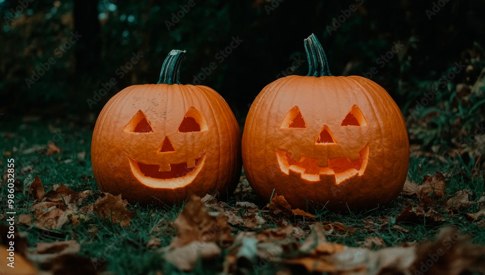 Two pumpkins with a light on them in a dark forest. Scene is spooky and eerie Two pumpkins with a light on them in a dark forest. Scene is spooky and eerie
