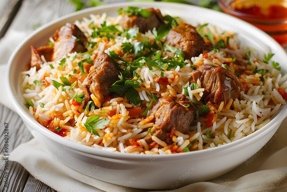 Pilaf with beef and vegetables isolated on white background Pilaf with beef and vegetables isolated on white background