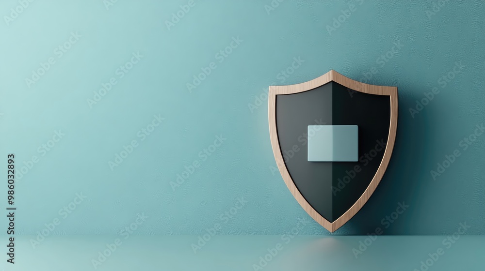 A modern shield emblem against a soothing turquoise wall, representing security, protection, and safety in design. A modern shield emblem against a soothing turquoise wall, representing security, protection, and safety in design.