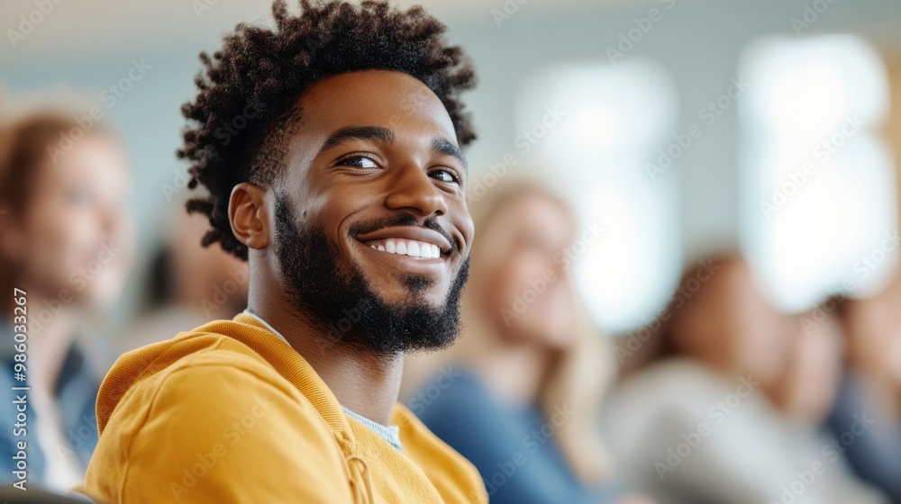 A man in a yellow sweater, with a broad smile, sits in a crowded setting, the ambiance suggesting a lively and social environment full of energy and positivity. A man in a yellow sweater, with a broad smile, sits in a crowded setting, the ambiance suggesting a lively and social environment full of energy and positivity.