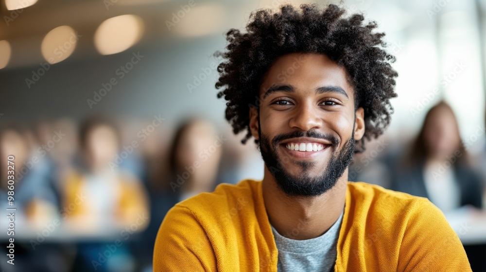 A joyful man wearing an orange shirt flashes a wide smile in a lively indoor setting, radiating warmth and friendliness amidst the surrounding energetic crowd. A joyful man wearing an orange shirt flashes a wide smile in a lively indoor setting, radiating warmth and friendliness amidst the surrounding energetic crowd.