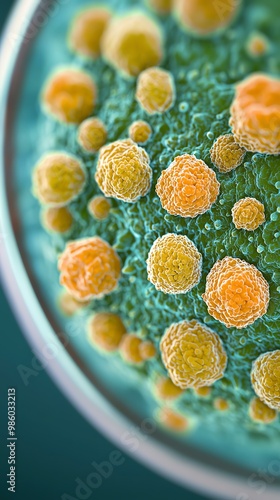 A close-up image of colorful microbial cells, showcasing vibrant orange and yellow spherical structures against a textured green background. photo