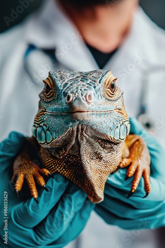 the veterinarian holds a small iguana in his hands. Selective focus photo