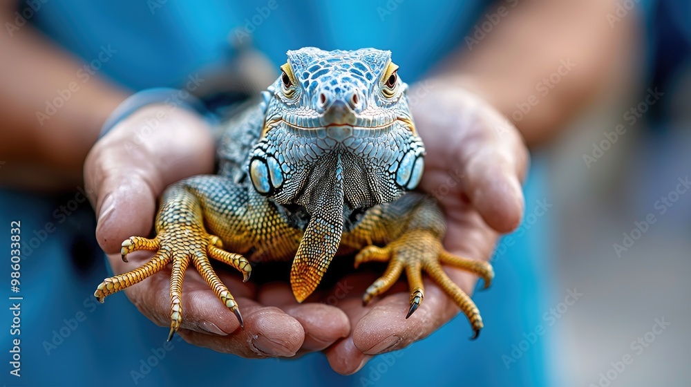 the veterinarian holds a small iguana in his hands. Selective focus the veterinarian holds a small iguana in his hands. Selective focus