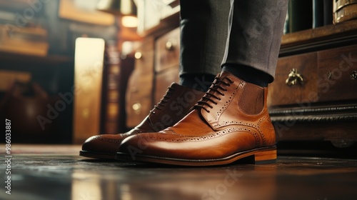 Brown leather brogue shoes on a wooden floor. photo