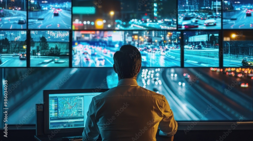 A person monitors multiple screens displaying traffic and cityscapes at night. A person monitors multiple screens displaying traffic and cityscapes at night.