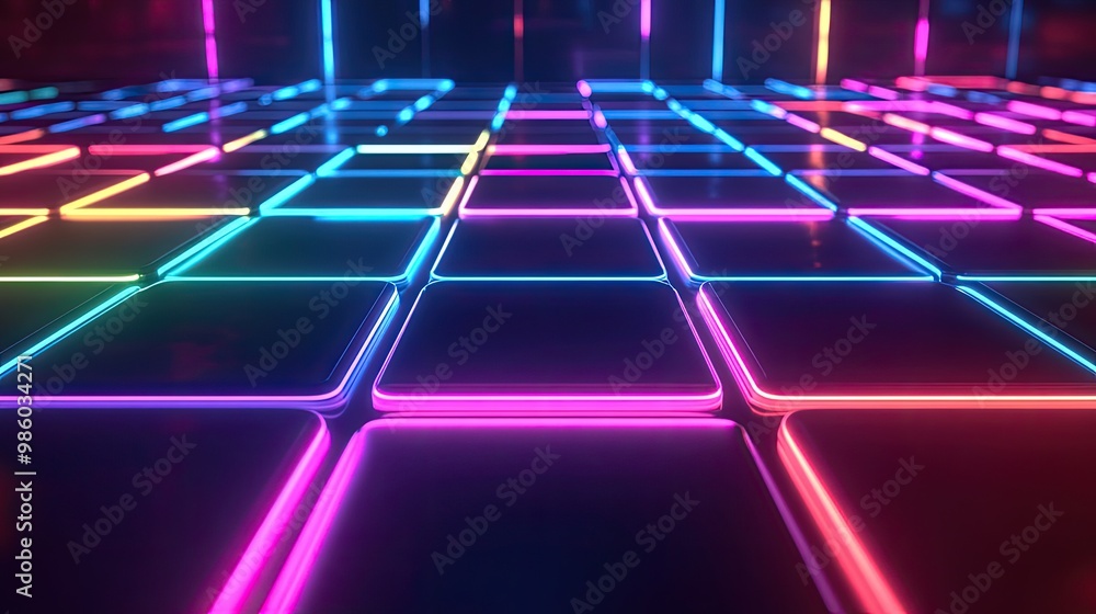 Neon light grid on a dark background with colorful glowing squares. Technology background Neon light grid on a dark background with colorful glowing squares. Technology background
