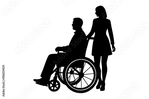 People on a wheelchair Silhouette vector illustration on white background. Vector silhouette.