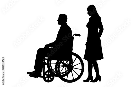 People on a wheelchair Silhouette vector illustration on white background. Vector silhouette.